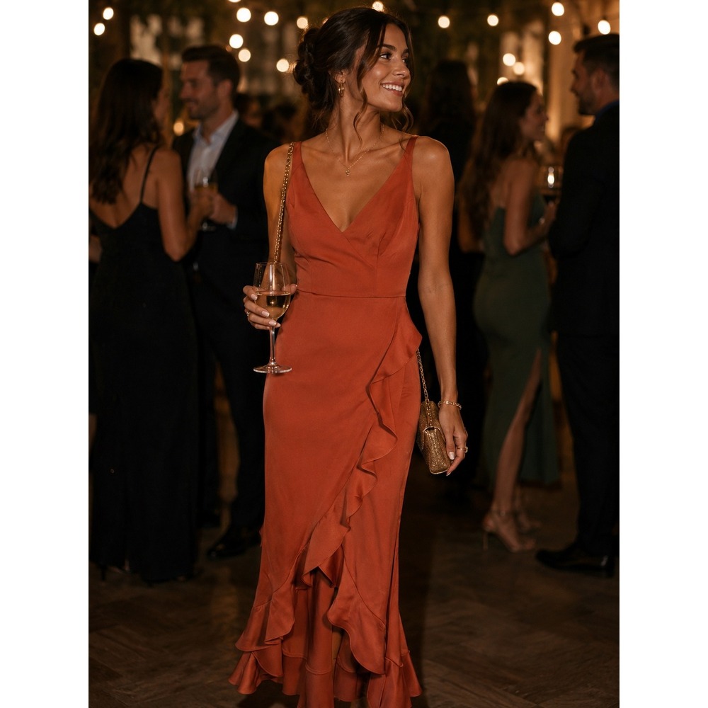 DB Studio Celebrate Dress Cinnamon Ruffle V-Neck Formal Gown Size 4 Pockets